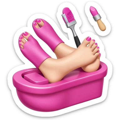 3D isometric emoji of a foot getting a pedicure, hand holding a nail polish brush, soft glossy texture sticker