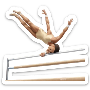 Professional gymnast performing a dynamic routine on parallel bars, captured mid-air in an elegant flip. The background features a well-lit gymnastics arena with a cheering audience. The athlete's posture and expression convey strength, control, and perfect coordination. sticker