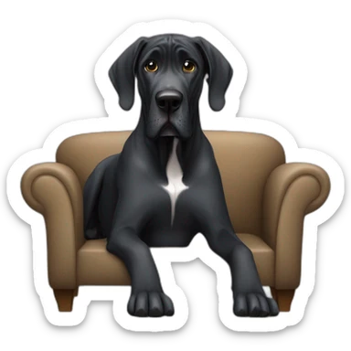 Old black great dane dog with uncut ears sitting in a couch sticker