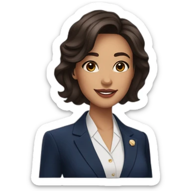 Beautiful woman with dark brown hair, big almond shape brown eyes wirh long eyelashes, pretty smile with medium full lips, defined jawline, medium size nose, wearing a navy power suit  sticker