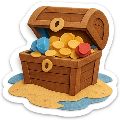 illustration of a treasure chest overflowing with gold coins and jewels on a sandy beach, paper-craft style sticker