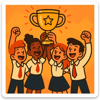 quatre étudiants soulèvent un trophée, ambiance chaleureuse, illustration expressive, vibrant colors, dynamic composition sticker