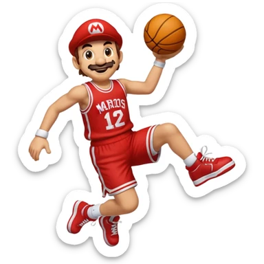 Mario from Super Mario performing a slam dunk, emoji style sticker