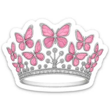 Change the base of the butterfly crown to white, keep the vibrant pink enamel butterflies and sparkling gems, with no background. The style should maintain the vibrant and sparkling look of the original images. sticker