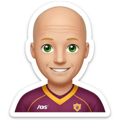 young-ish 50 year old man dressed in a brisbane broncos jersey, bald head, fair skin, happy face, blueish green eyes sticker