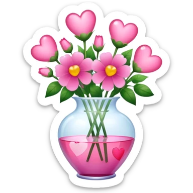 a transparent vase with flowers and the flowers should be in the shape of pink hearts, of which there should be 7 sticker
