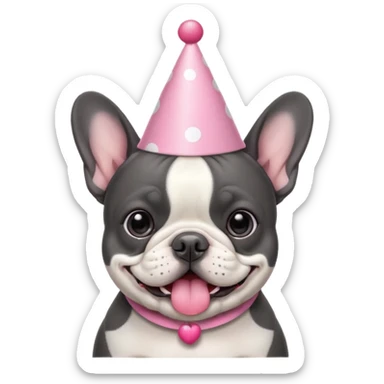 french bulldog with a birthday hat and black and white and grey coloring. please make it emoji style please. also please make the dog have a pink hat sticker