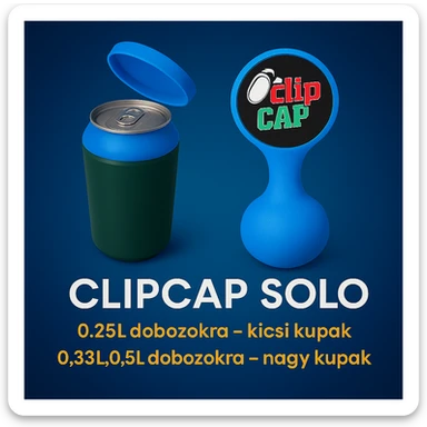 A kupakokat színezd át kékre. A CLIPCAP DUO felírat helyett CLIPCAP SOLO felírat legyen, a "kicsi és nagy kupak a csomagban" szöveg helyett "0.25L dobozokra - kicsi kupak" és a "0.33L,0.5L dobozokra - nagy kupak" külön sorban. sticker