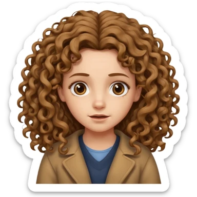 hermione shrugging, long light brown very curly voluminous hair, reaching below the shoulders, thick and full curls, messy natural texture, cartoon emoji style. sticker