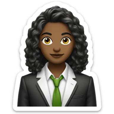 uma jovem de cabelo castanho com mechas loiras sendo o comprimento até os ombros e levemente ondulado.  Olhos verdes, vestindo uma blusa branca com blazer preto, sorrindo e de braços cruzados. sticker