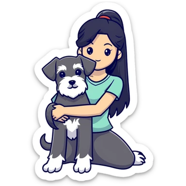 girl with long black hair holding a Schnauzer dog sticker