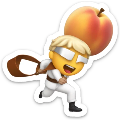 A man hitting a peach with a belt sticker