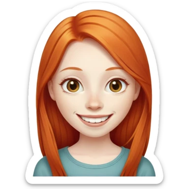 traditional emoji of young girl with very pale skin, long straight bright ginger red hair, elongated almond-shaped eyes, long nose, big smile with large prominent teeth showing, classic round face sticker