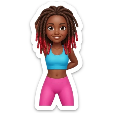 African American girl with long brown dreadlocks with red tips, pink workout leggings and a bright blue cropped top in a stretching pose sticker