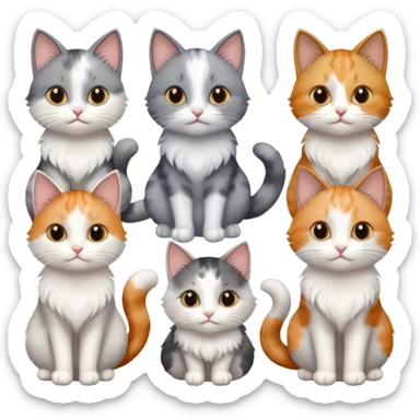 6 realistic looking cats with different natural coloured coats, assorted grey and white, greys, calico, brown and white colours etc
 sticker