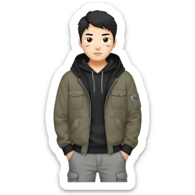 Black hair wolf cut Korean man wearing black hoodie and grey baggy cargo jeans.  sticker