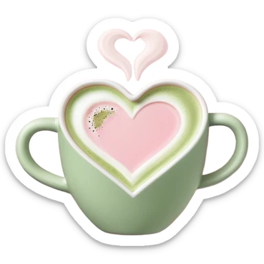 Emoji d’une tasse rose pastel avec anse, vue du dessus, matcha mousseux, latte art rose pastel en forme de cœur ou feuille, style minimaliste, sans yeux. sticker
