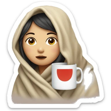 Asian girl bundled in blanket drinking out of a mug sticker