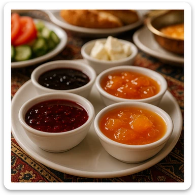 small bowls filled with colorful jams, a cheerful detail on a Turkish breakfast table sticker