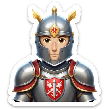 Clash of Clans aesthetic friendly Knight Portrait Emoji, With a noble, armored build featuring a gleaming suit adorned with simple heraldry and a determined gaze behind a visored helm, his face rendered in a natural skin tone (not yellow), Simplified yet dynamic features, highly detailed, glowing with a cool, steely radiance, high shine, courageous and resolute, stylized with an air of chivalric valor, focused and stalwart, soft glowing outline, capturing the essence of a valiant knight ready to charge into epic quests with honor! sticker