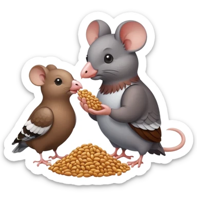 A mouse and a pigeon eating grain together sticker