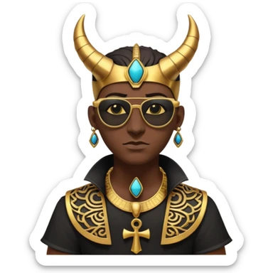 3D cartoon horned character portrait, wearing sunglasses, gothic ancient Egyptian style, pharaoh collar, dark gold and black outfit, ankh symbols, Egyptian jewelry, mysterious expression, soft dramatic lighting, centered, clean background, no text, no watermark sticker