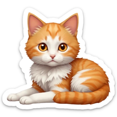 full body of very small + skinny ginger and white kitten with deep orange eyes and triangular shaped face lying down sticker