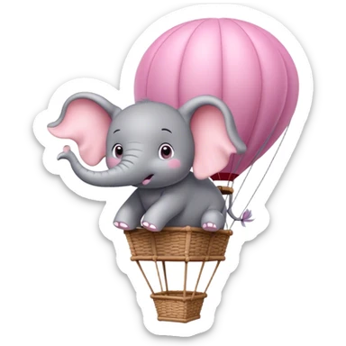 Pixar style, fluffy Little gray and pink elephant with big sparkling eyes sitting in a hot air balloon   sticker