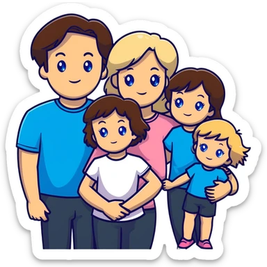 Family portrait with father with dark brown hair and blue eyes, mother with light brown hair and blue eyes, three blonde little girls with blue eyes sticker