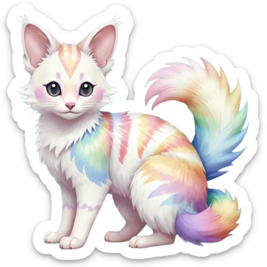  cute adorable pastel-iridescence-gradients albino fur with random colorful iridescent rainbow markings beautiful elegant pretty precious cute  Fakémon-Pokémon-opossum-feline-serval-caracal-chinchilla-Minccino-hybrid-creature with a big fluffy bushy striped tail (full body) sticker