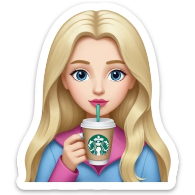 Long blonde grey highlighted with blue gray eyes sipping one Starbucks coffee. She has bushy eyebrows and pink lips  sticker