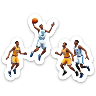 An icon featuring a basketball court with players in action, inspired by NBA 2K25. A player jumps for a dunk, with the ball mid-air. Bright lights illuminate the court, symbolizing the excitement of sports simulation games. Transparent background emphasizes the energy. sticker