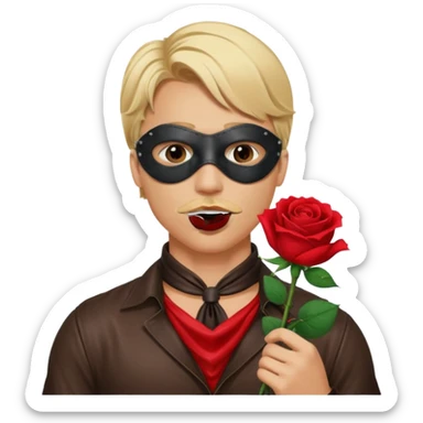 blonde man with leather eye mask and leather halter neck blouse, holding rose with his mouth sticker