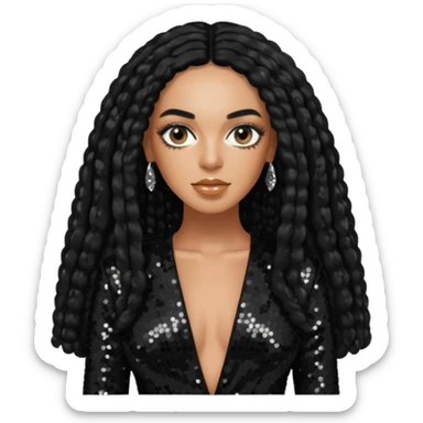 Solange with long black hair, black sequin outfit sticker