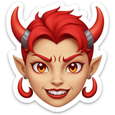  woman Demon cartoon emoji character, head and shoulders included (chest-up crop), centered face, confident and edgy expression, sharp eyes, subtle smirk, small curved horns, clean stylized face, not cute, not scary, modern emoji-style illustration, bold colors, smooth shading, high readability sticker