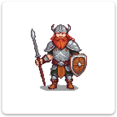 pixel art ginger viking with red beard and armor, running animation frame 4, pushing off ground sticker