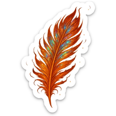 fiery phoenix feather, shimmering with iridescent colors, sparkling embers, mystical and elegant, detailed, vibrant, fantasy art sticker