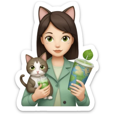 a brunette woman in here 30S drinking an iced matcha, carrying a grey cat and a map of the world sticker