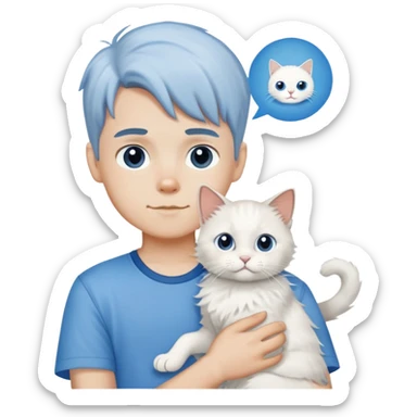 boy wearing blue short sleeve shirt with white ragdoll cat sticker