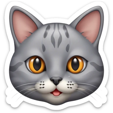 grey cat with a grey mole on right side or her mouth, in the middle of her face there is a right rocket shape pattern sticker