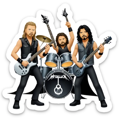 Icon for Metal Music: Metallica band members detailed in their signature look. James Hetfield with guitar, Lars Ulrich on drums, Kirk Hammett with his electric guitar, and Robert Trujillo playing bass. Bold, energetic style with musical notes, all in a heavy metal aesthetic. Transparent background. sticker