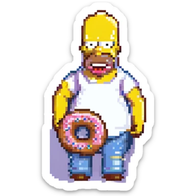 Homer Simpson pixel art style, simplified features, holding a donut sticker