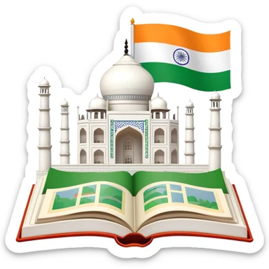 An icon featuring the Taj Mahal and the flag of India, symbolizing the Hindi language. The design includes an open book, representing language learning and cultural richness. Transparent background highlights the heritage of India. sticker