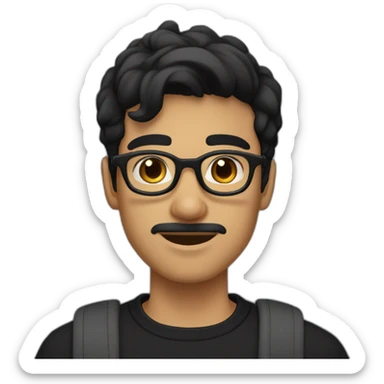 a light skin Pakistani teenager, wearing round glasses, short moustache, black hair, black jumper/sweater, structured manly face sticker