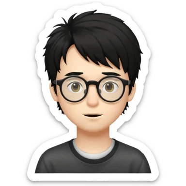 pale skin, black shaggy hair boy, big glasses that's tip on his nose and teenager  sticker