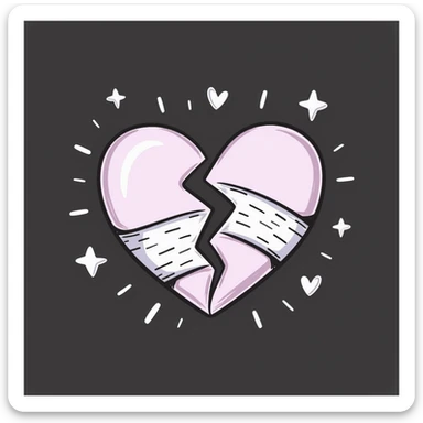 broken heart emoji with jagged split and bandage over the crack, chalk style, soft lilac color palette, rough doodle-like texture as if drawn with pastel chalk on a dark surface, surrounded by soft curved motion lines and subtle sparkles, aesthetic and emotional Telegram channel sticker