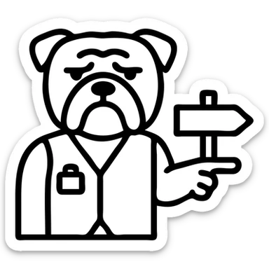 english bulldog tour guide icon style, pointing the way, wearing a vest sticker