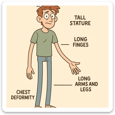 educational cartoon style graphic of a person with Marfan syndrome, highlighting tall stature, long arms and legs, long fingers, and chest deformity, with simple labels, suitable for general public sticker