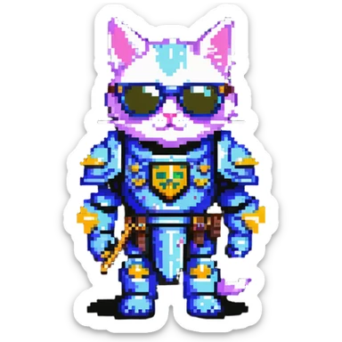 cat wearing sunglasses in Warhammer 40,000 inspired armor sticker