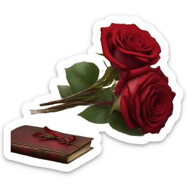 A crimson bouquet of roses with a silk ribbon and an old handwritten diary sticker